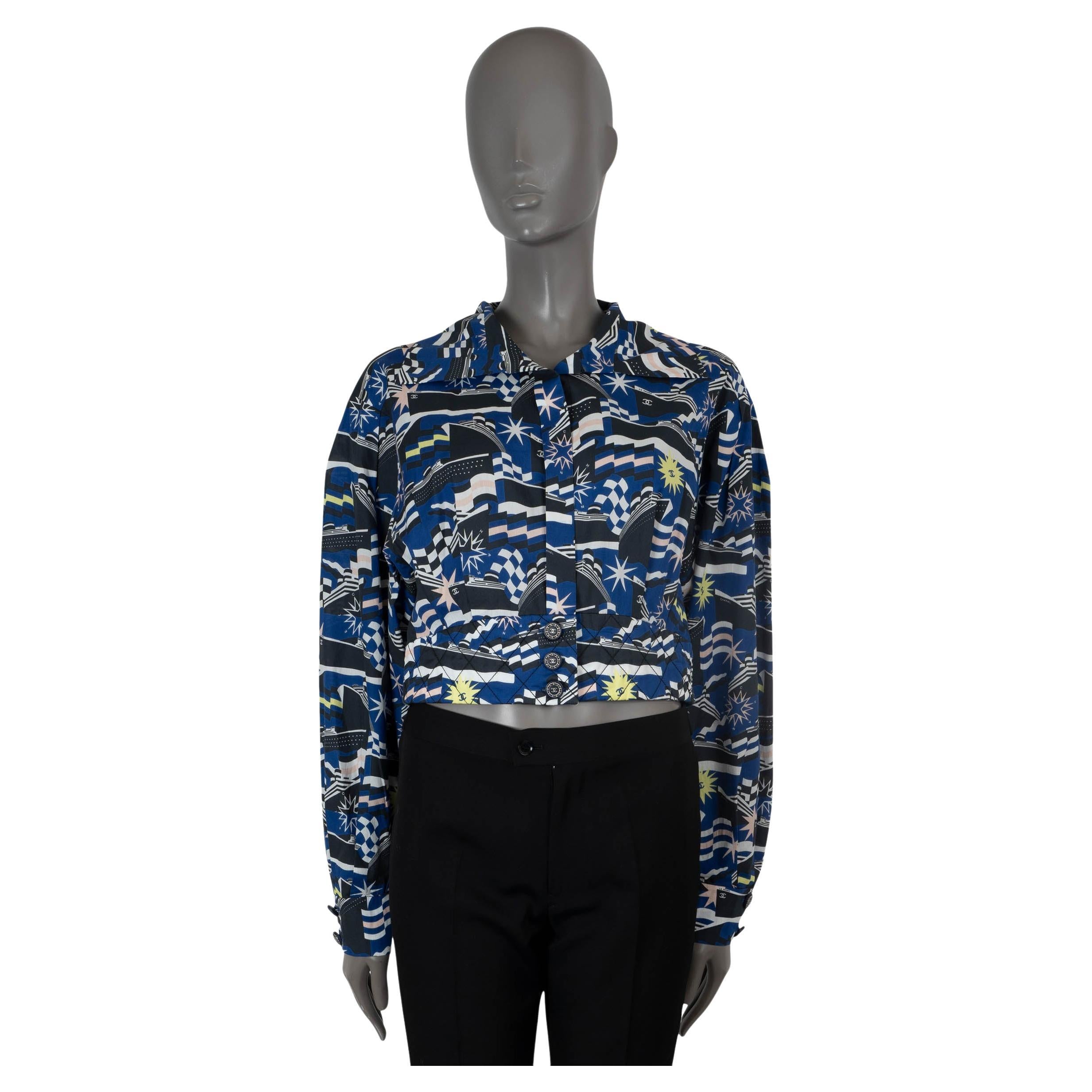 CHANEL blue cotton 2019 19C LA PAUSA PRINTED POPLIN Blouse Shirt 42 L For Sale