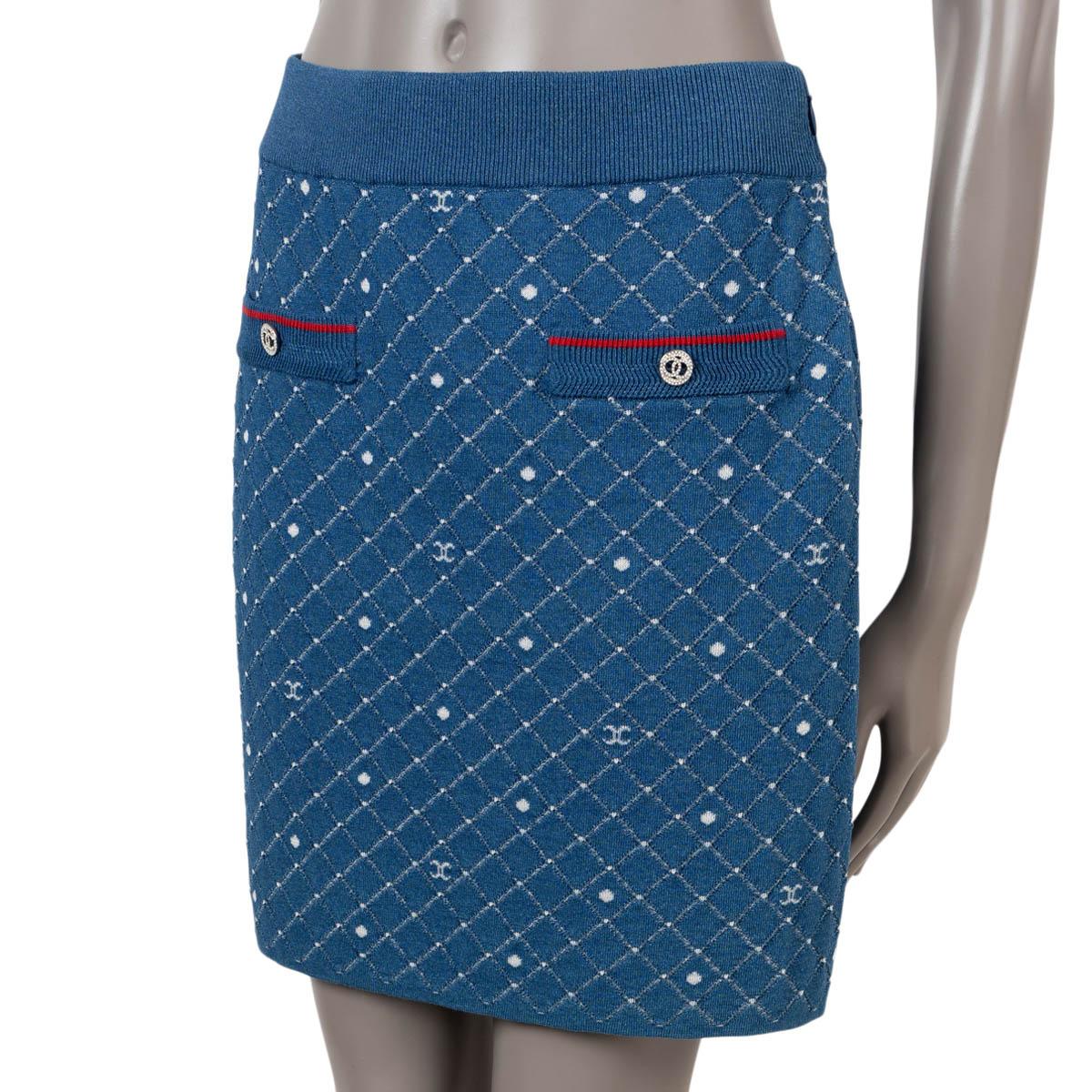 100% authentic Chanel mini skirt in blue, white and red jersey cotton (74%), polyamide (20%) and elastane (6%). Features two buttoned slit pockets on the front. Opens with a concealed zipper and hook at the side. Unlined. Has been worn and is in