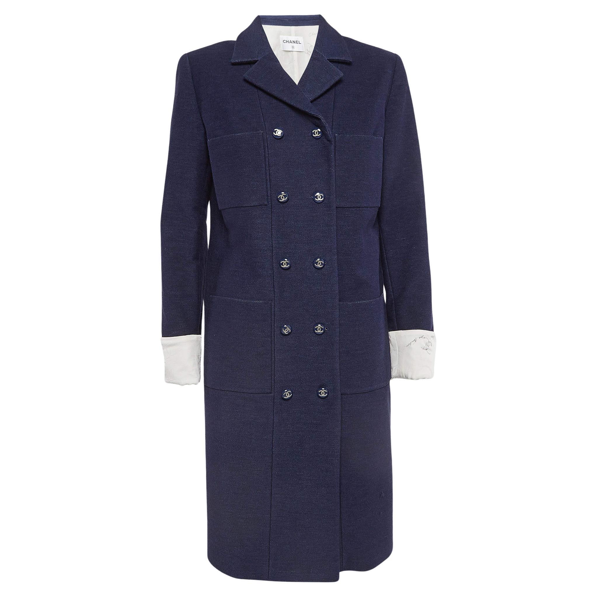 Chanel Blue Cotton Blend Double Breasted Mid-Length Coat M