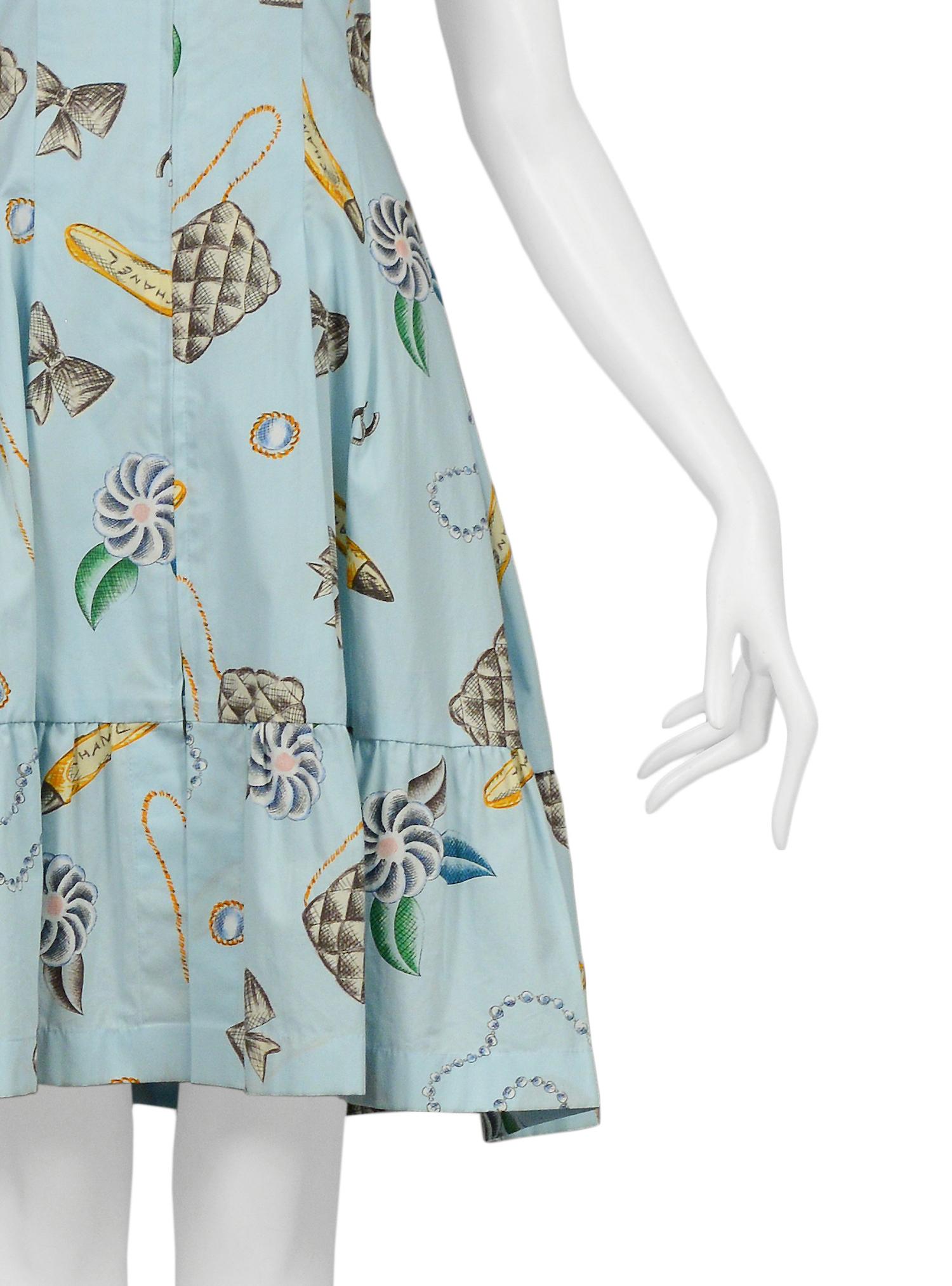 Chanel Blue Cotton Bow Print Day Dress 1996 In Excellent Condition In Los Angeles, CA