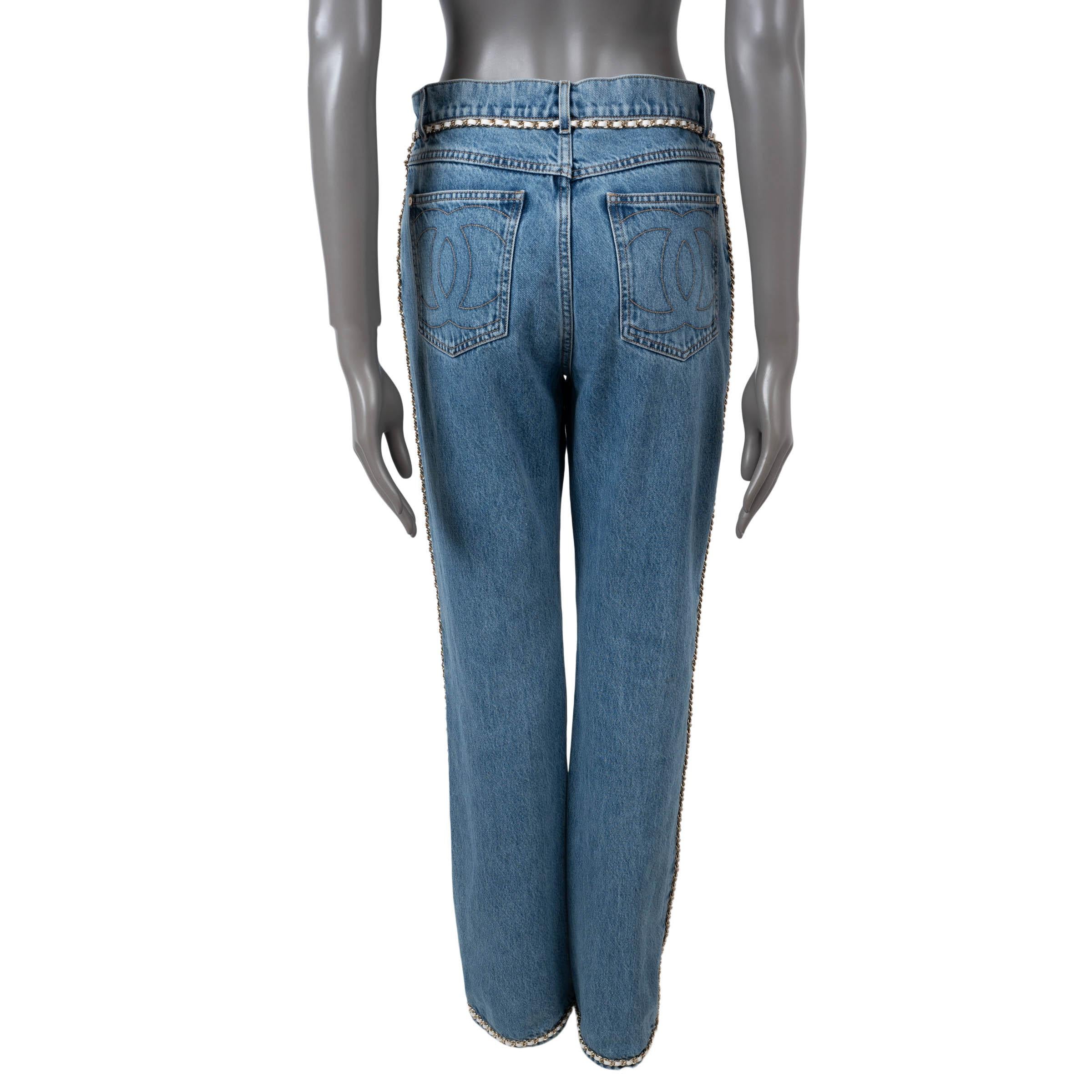 Women's CHANEL blue cotton denim 2023 23P CHAIN TRIM STRAIGHT JEANS Pants 38 S