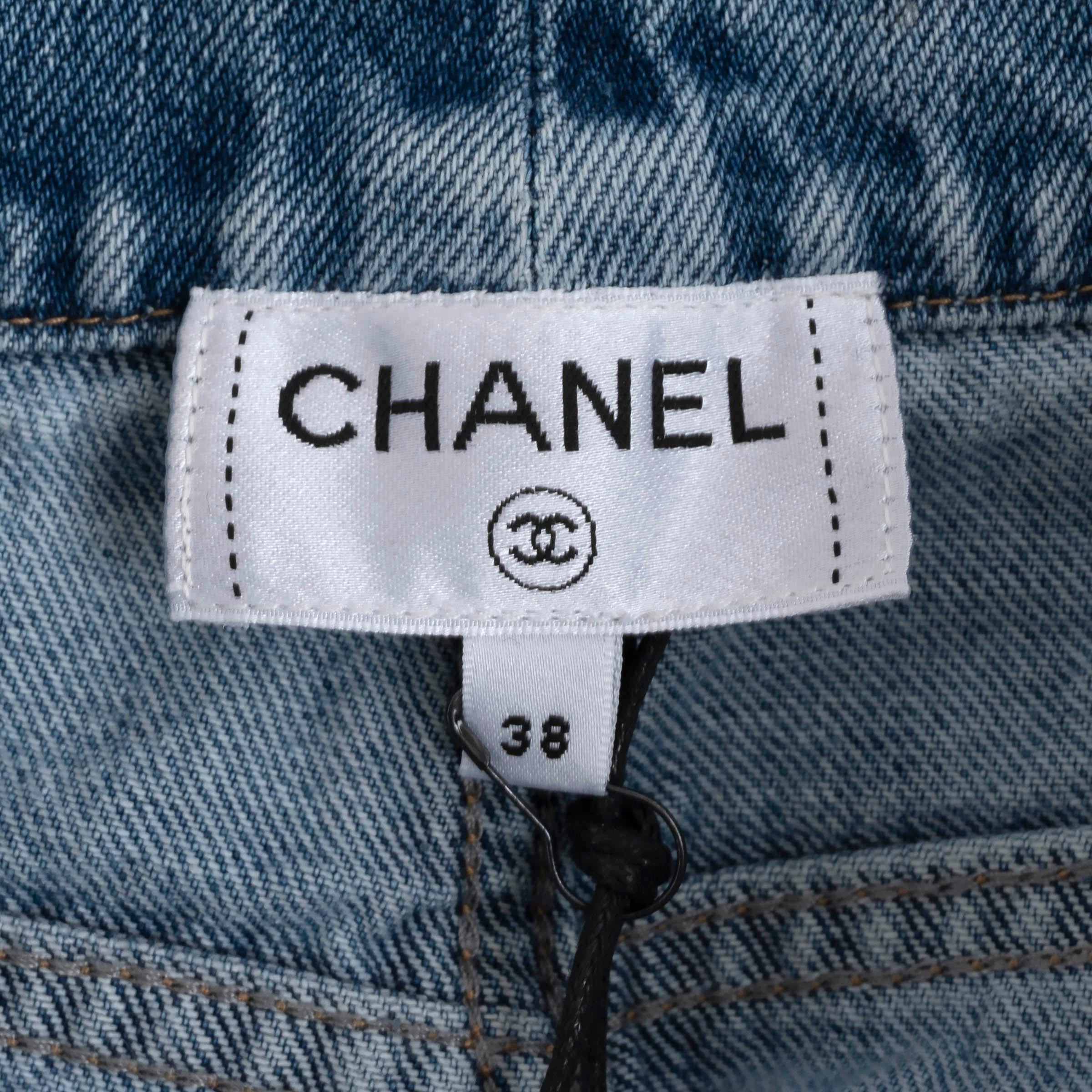 CHANEL blue cotton denim 2023 23P CHAIN TRIM STRAIGHT JEANS Pants 38 S 2