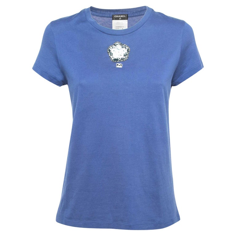 Chanel Blue Cotton Patch Detail T-Shirt M at 1stDibs