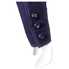 Chanel Blue Cropped Cotton Vintage Jacket With White Stitching