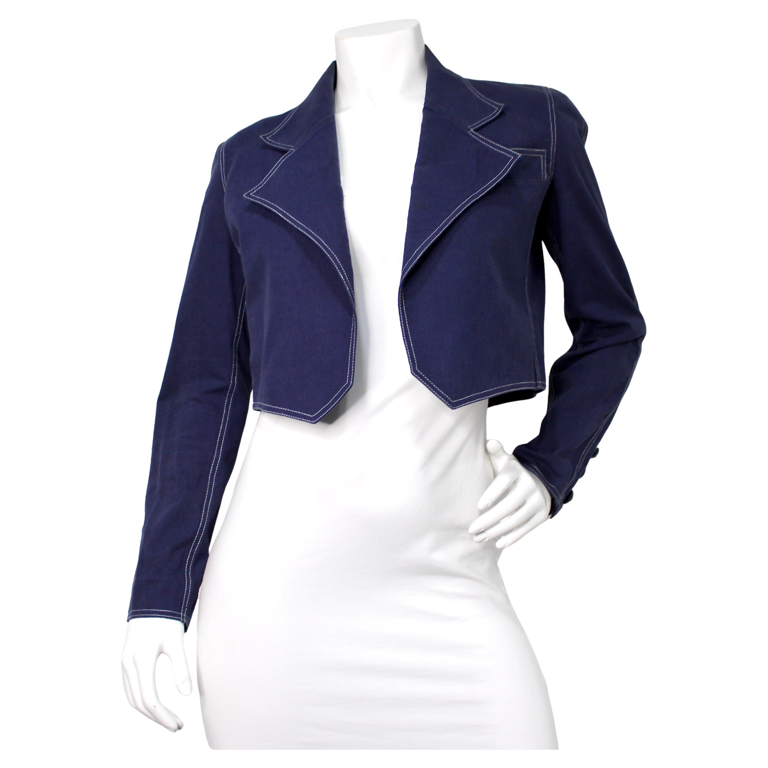 Chanel Blue Cropped Cotton Vintage Jacket With White Stitching
