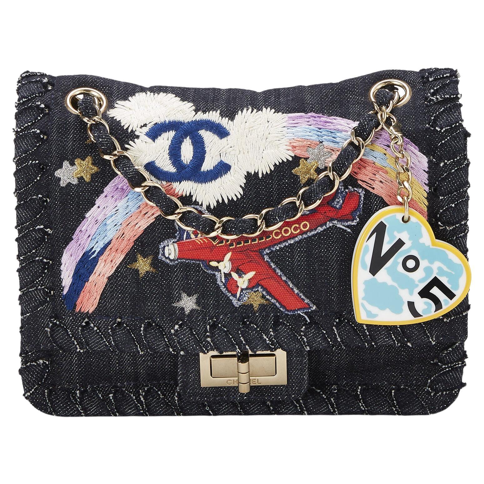 Black Chanel Blue Denim 2.55 Reissue Airplanes Shoulder Bag For Sale