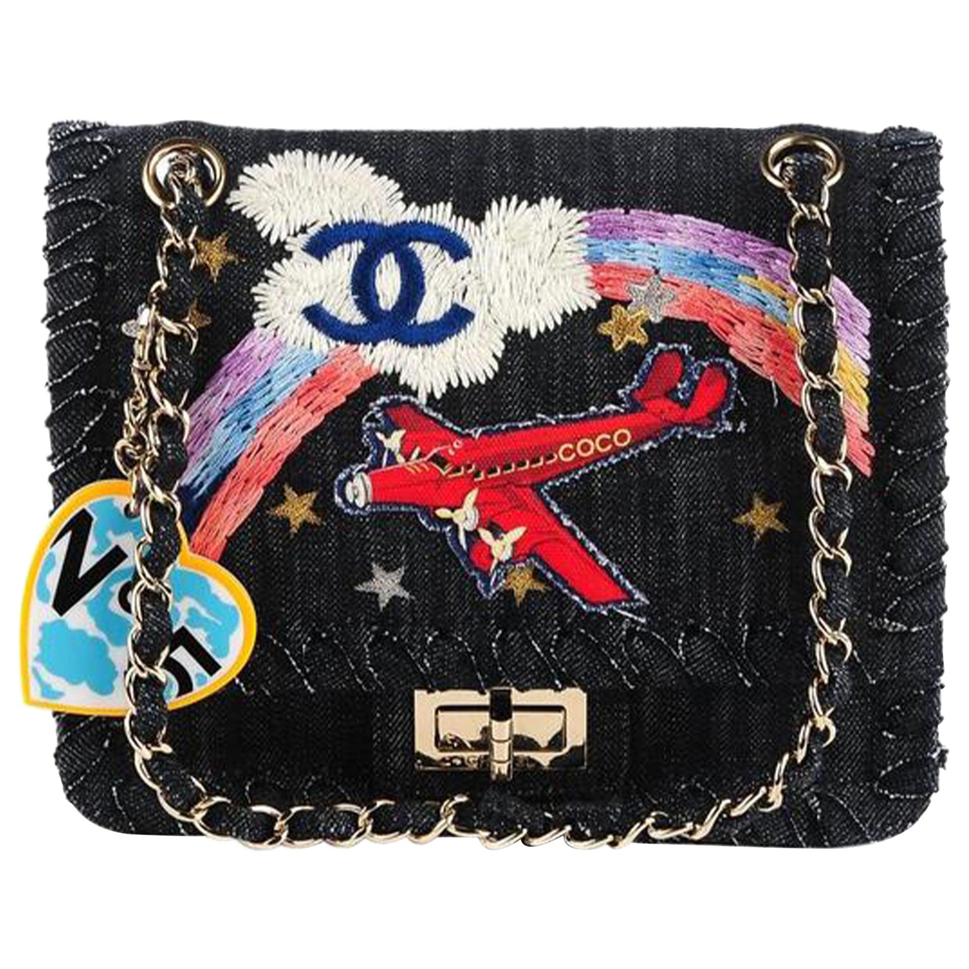 Chanel Blue Denim 2.55 Reissue Airplanes Shoulder Bag For Sale 2