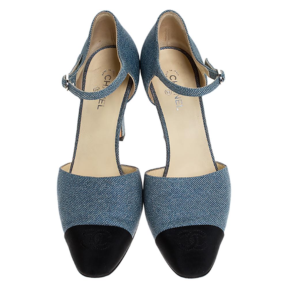 Gray Chanel Blue Denim And Canvas Cap Toe Ankle Strap Pumps Size 38