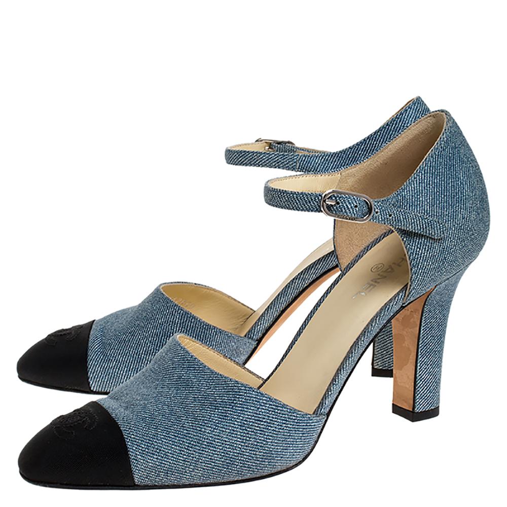 Chanel Blue Denim And Canvas Cap Toe Ankle Strap Pumps Size 38 In Good Condition In Dubai, Al Qouz 2