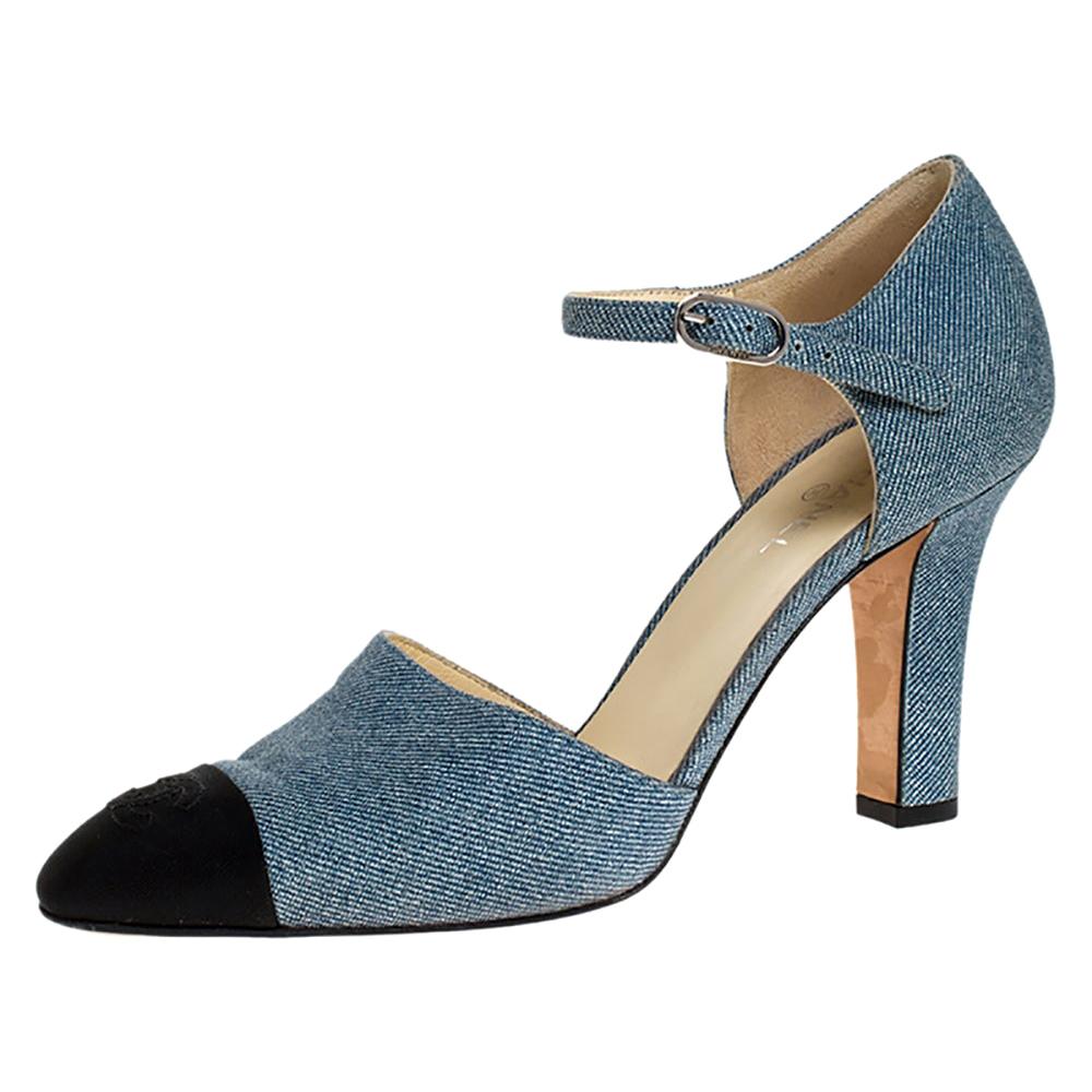 Chanel Blue Denim And Canvas Cap Toe Ankle Strap Pumps Size 38