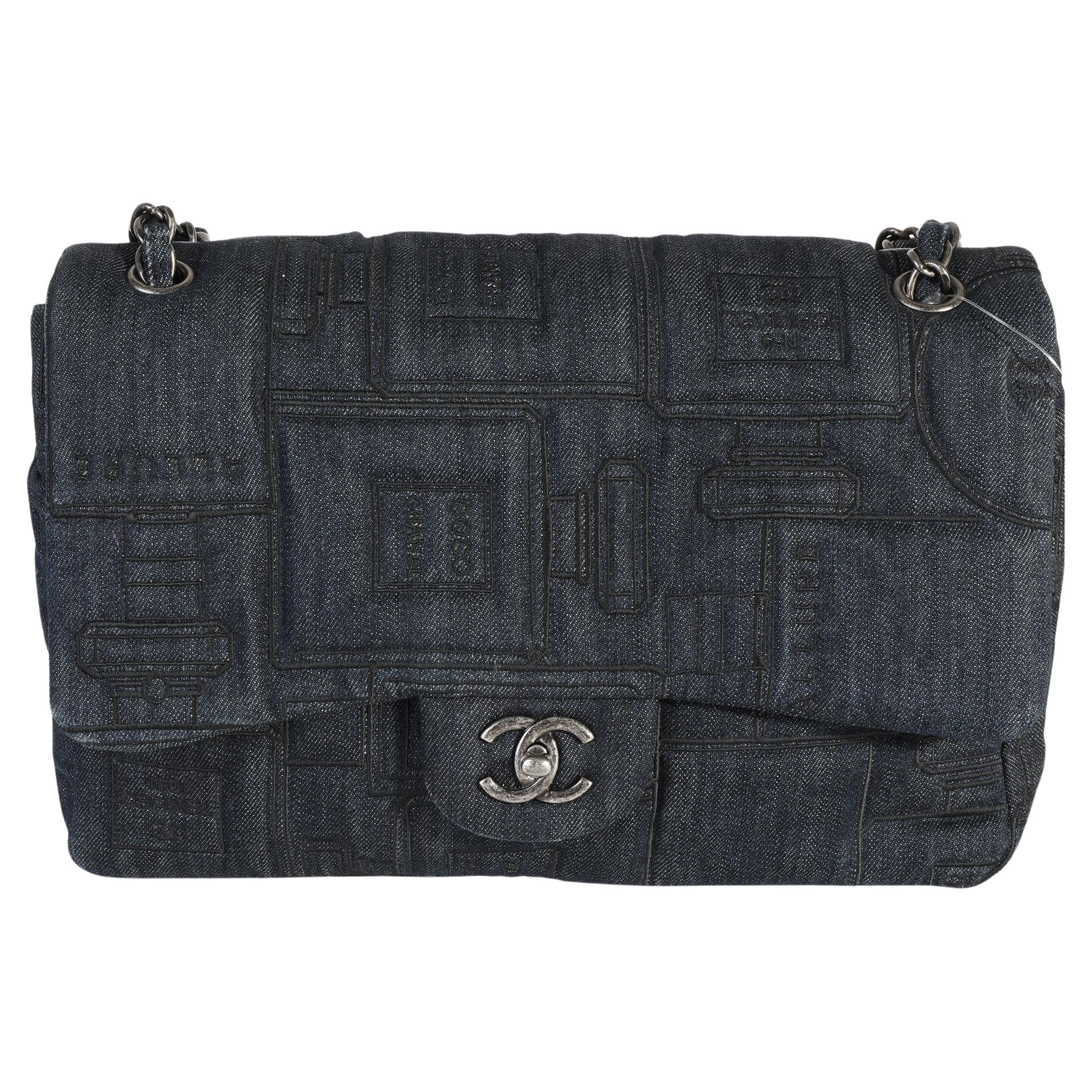 Chanel Blue Denim 
Black Embroidery Jumbo Perfume Bottle Flap Bag