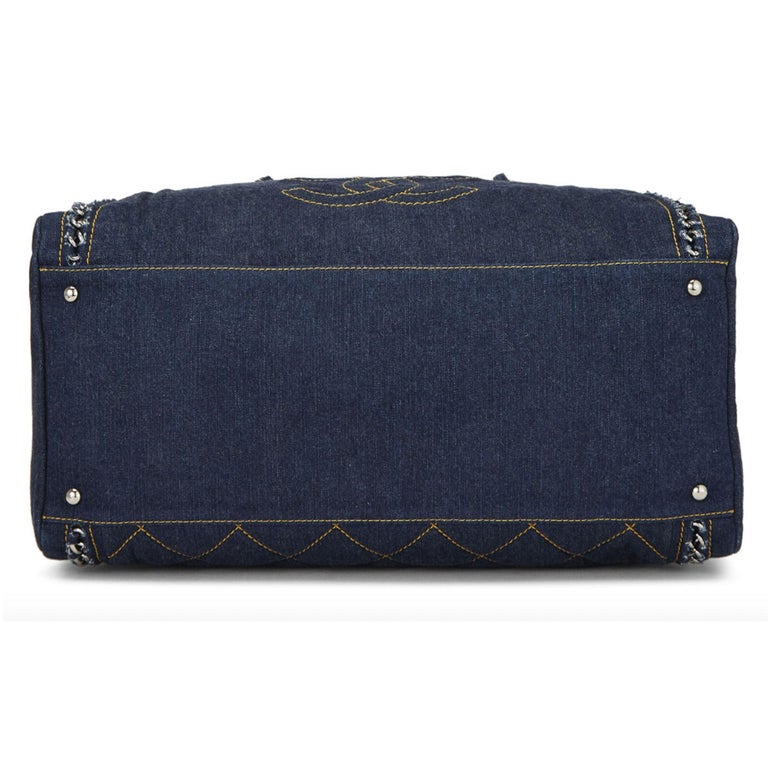 Women's or Men's Chanel Blue Denim Bowling Bag Luxury Ligne Medium Satchel For Sale
