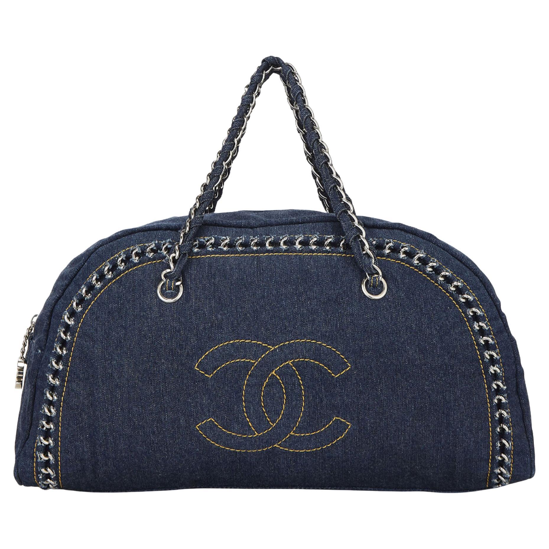 Chanel Blue Denim Bowling Bag Luxury Ligne Medium Satchel in vendita