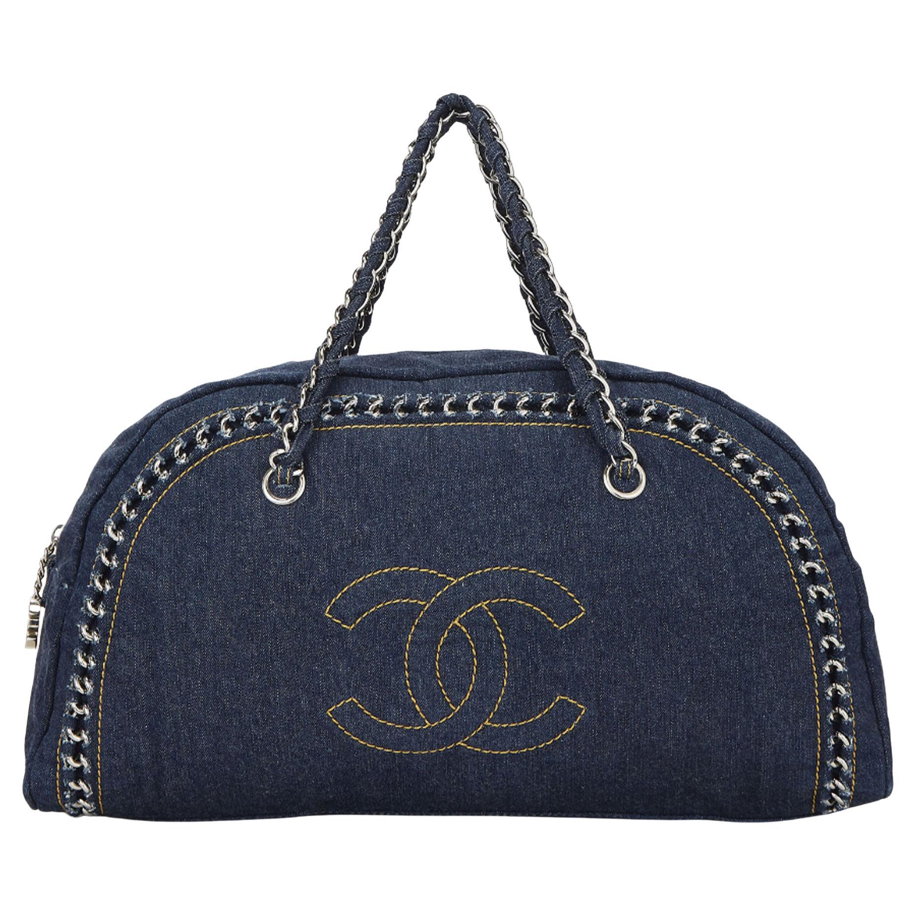 Chanel Navy Canvas and Black Calfskin Leather Deauville Bowling Bag For  Sale at 1stDibs