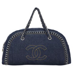 Used Chanel Blue Denim Bowling Bag Luxury Ligne Medium Satchel