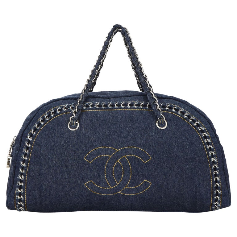 Chanel Blue Denim Bowling Bag Luxury Ligne Medium Satchel For Sale