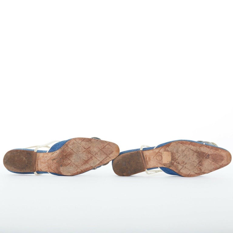 CHANEL blue denim Camellia CC sling back almond toe flats shoes EU37.5 ...