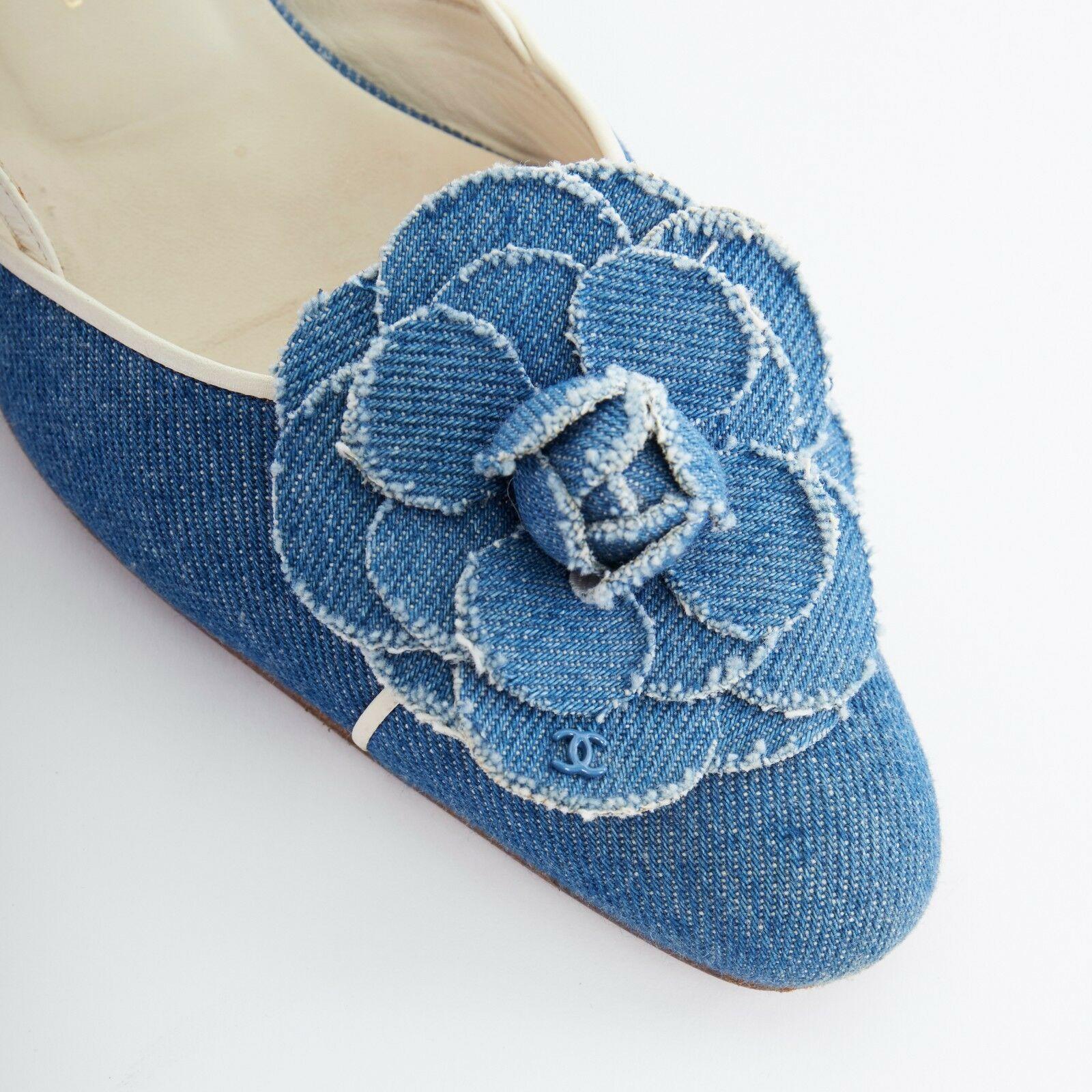 Blue CHANEL blue denim Camellia CC sling back almond toe flats shoes EU37.5 US7.5