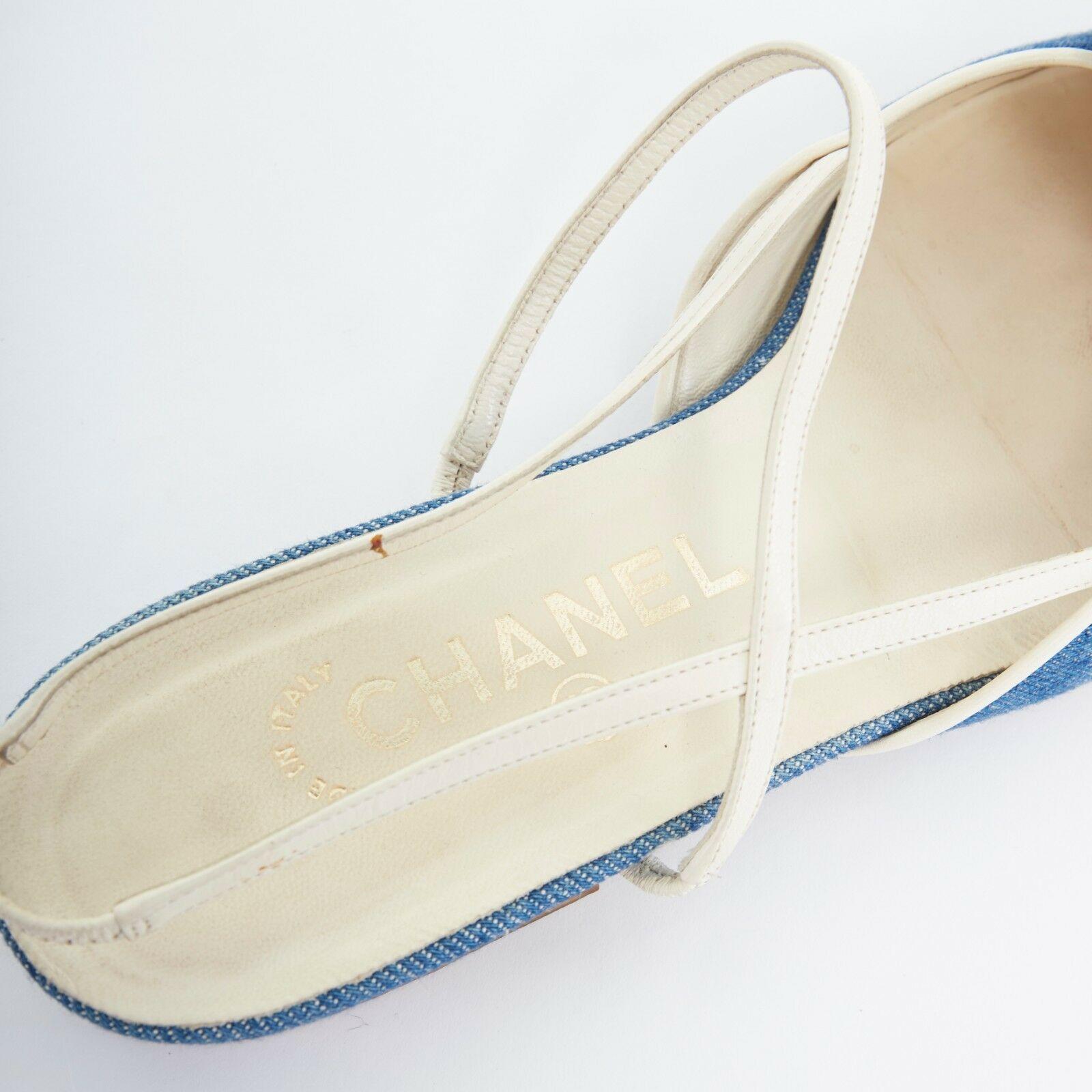 CHANEL blue denim Camellia CC sling back almond toe flats shoes EU37.5 US7.5 In Good Condition In Hong Kong, NT