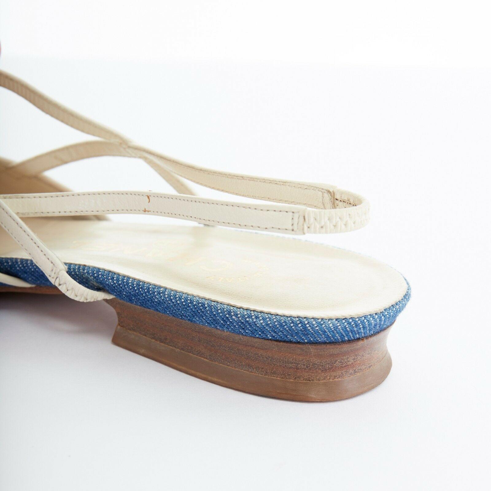 Women's CHANEL blue denim Camellia CC sling back almond toe flats shoes EU37.5 US7.5