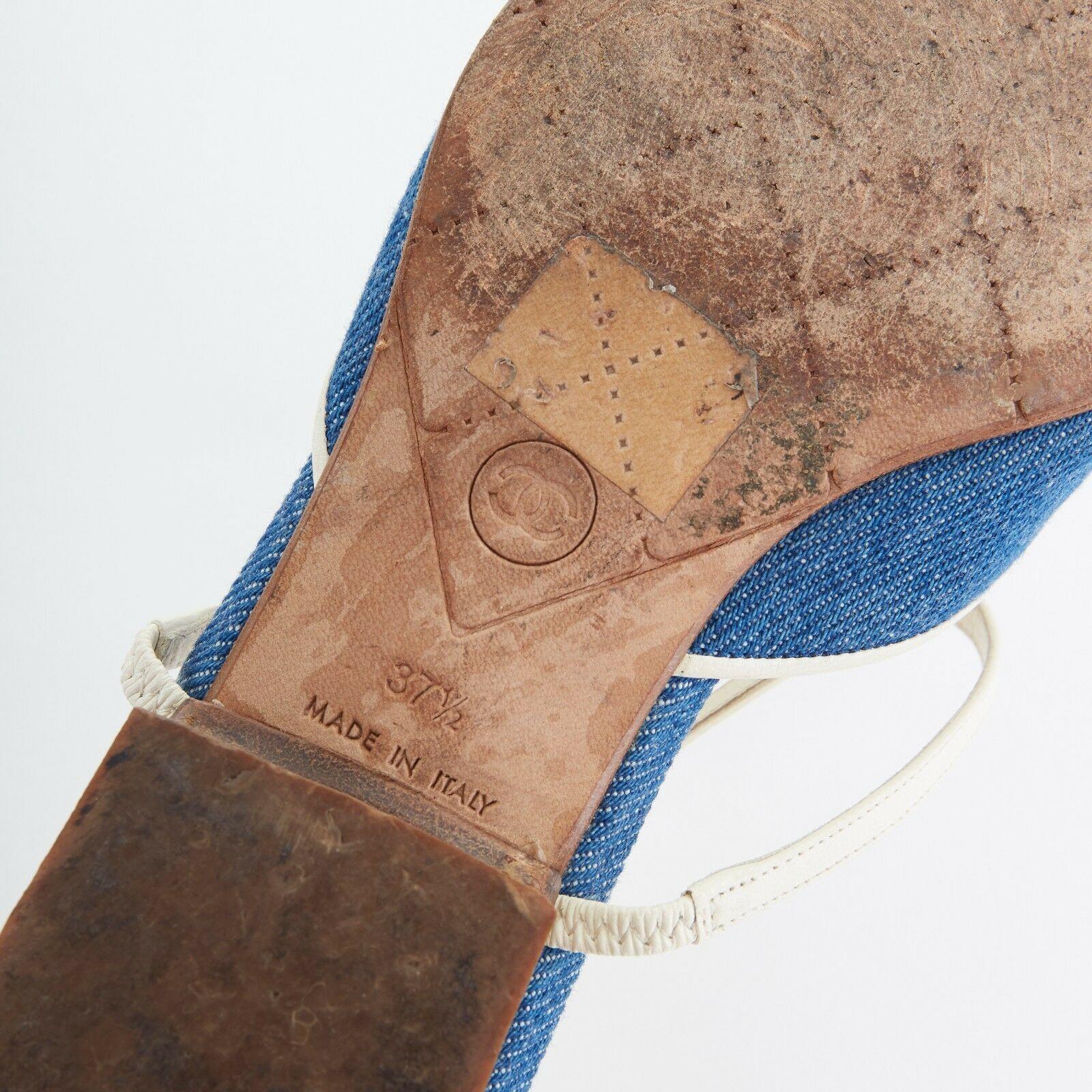 CHANEL blue denim Camellia CC sling back almond toe flats shoes EU37.5 US7.5 1