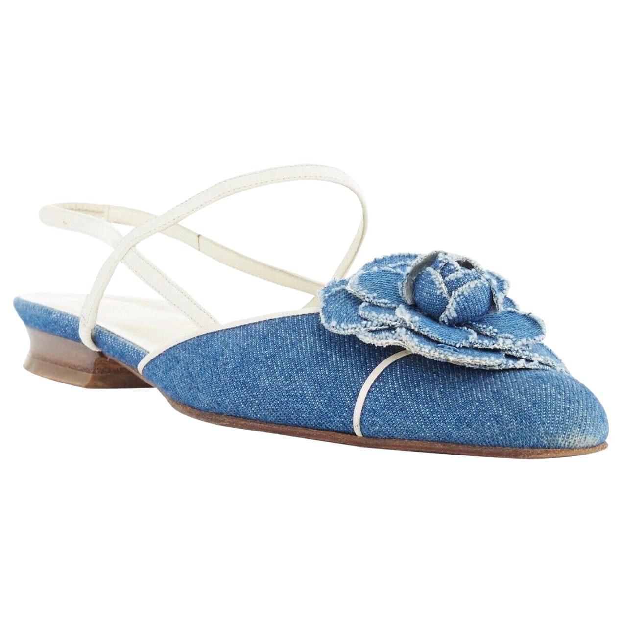 CHANEL blue denim Camellia CC sling back almond toe flats shoes EU37.5 US7.5