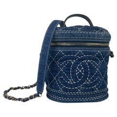 Chanel Bleu Denim CC Vanity Case Bag w/ White Contrast Stitch by Stitch