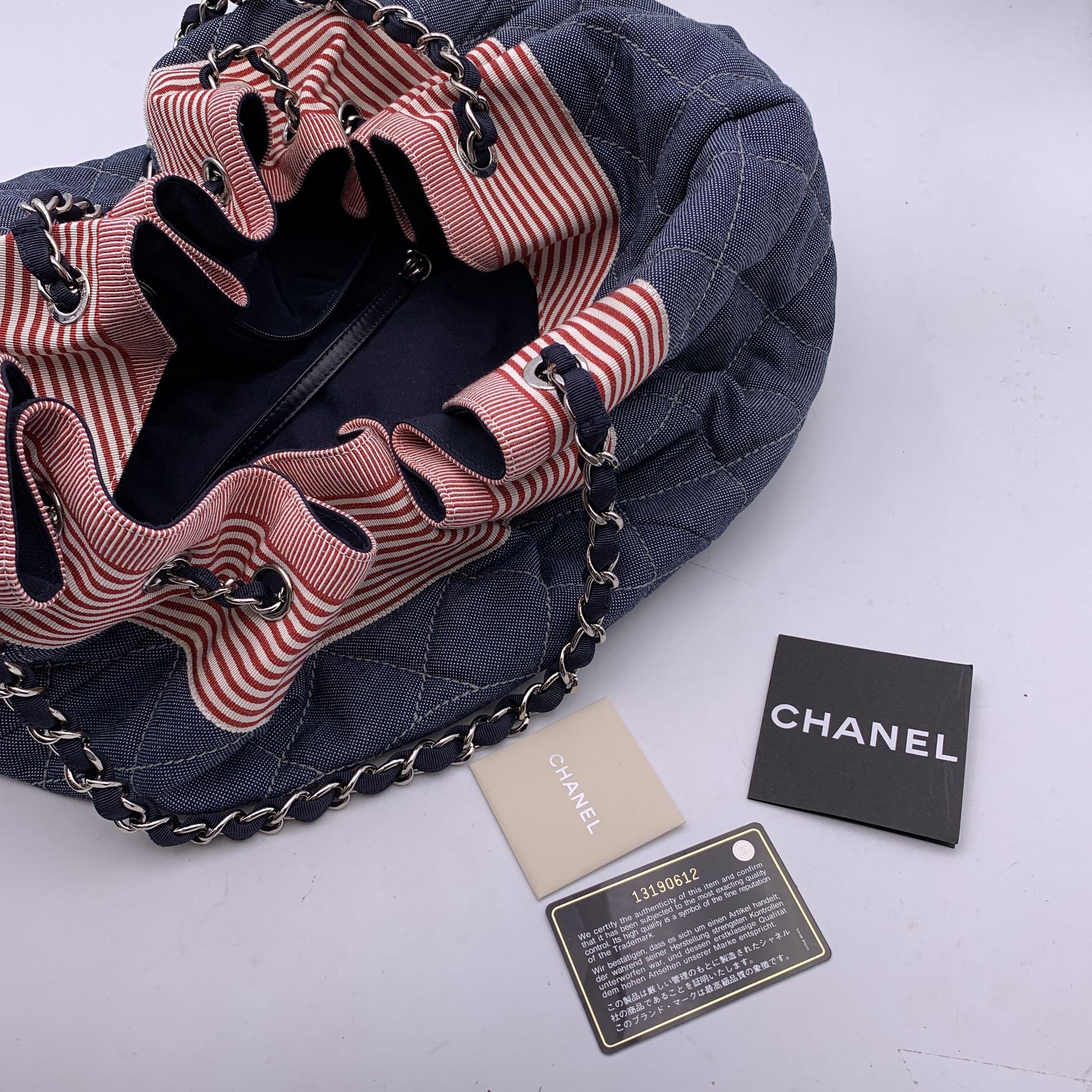 Women's Chanel Blue Denim Coco Cabas GM Red Stripes Chain Drawstring Tote Bag