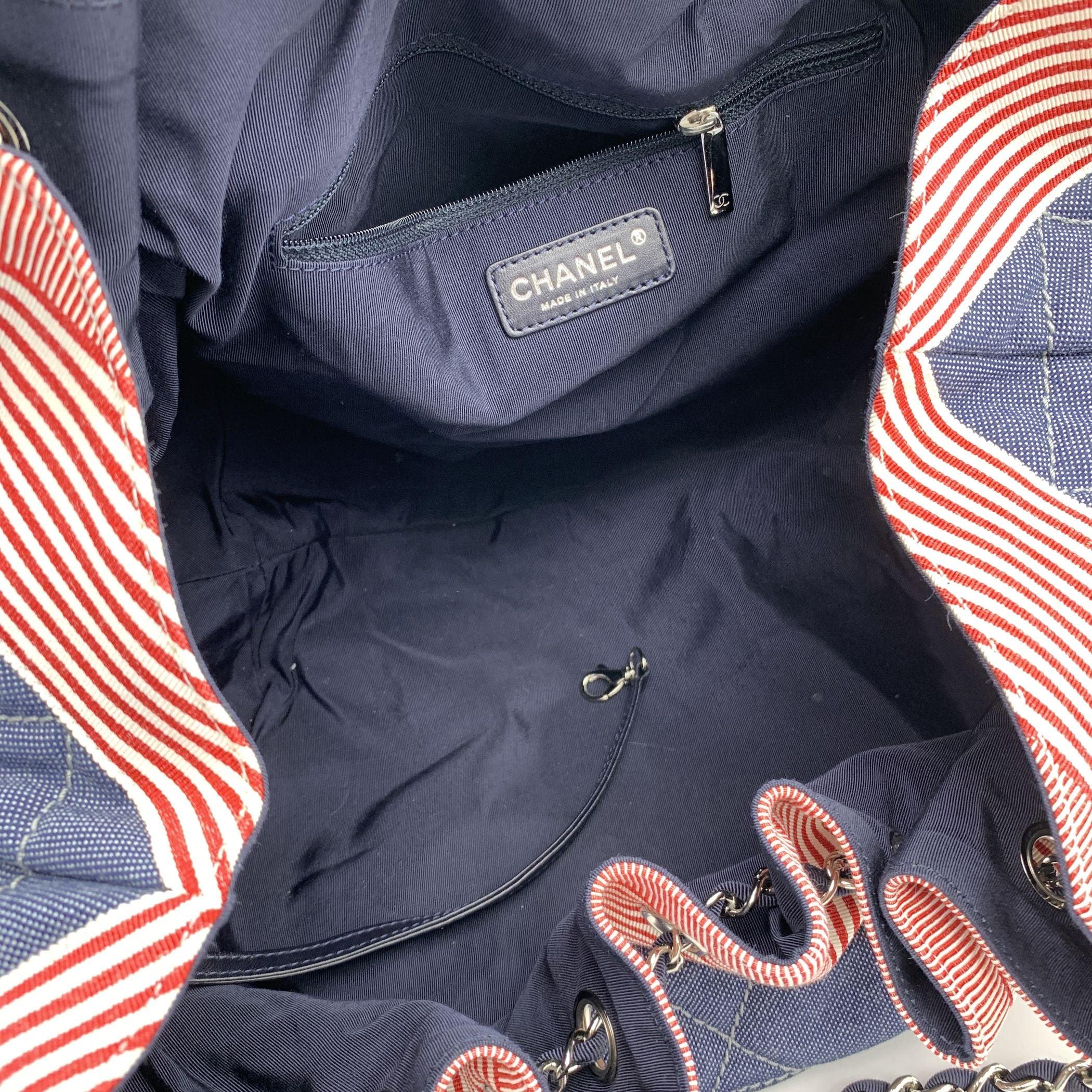 Chanel Blue Denim Coco Cabas GM Red Stripes Chain Drawstring Tote Bag 1