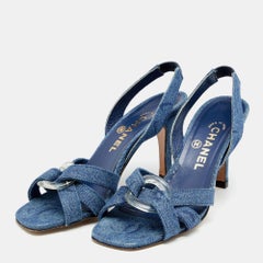 Chanel Blue Denim Criss Cross Slingback Sandals Size 37