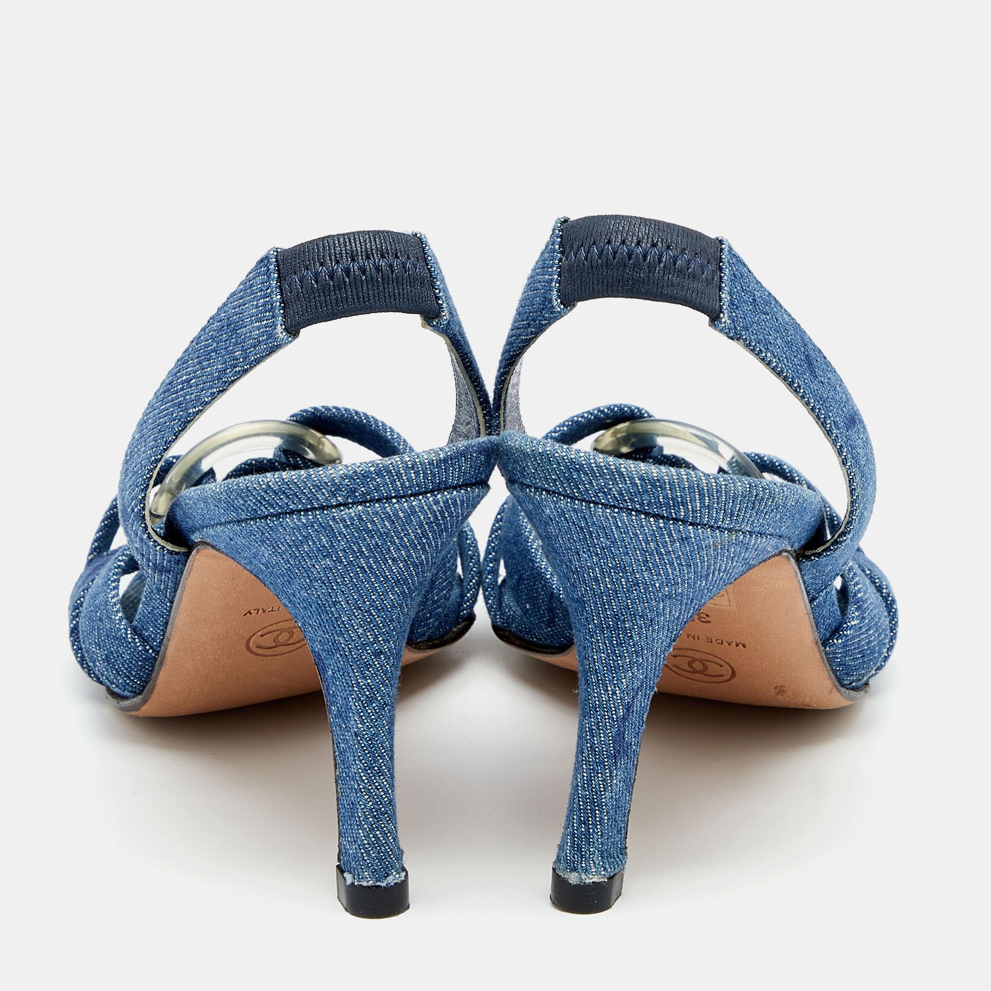 Chanel Blue Denim Criss Cross Slingback Sandals Size 37 In Good Condition In Dubai, Al Qouz 2
