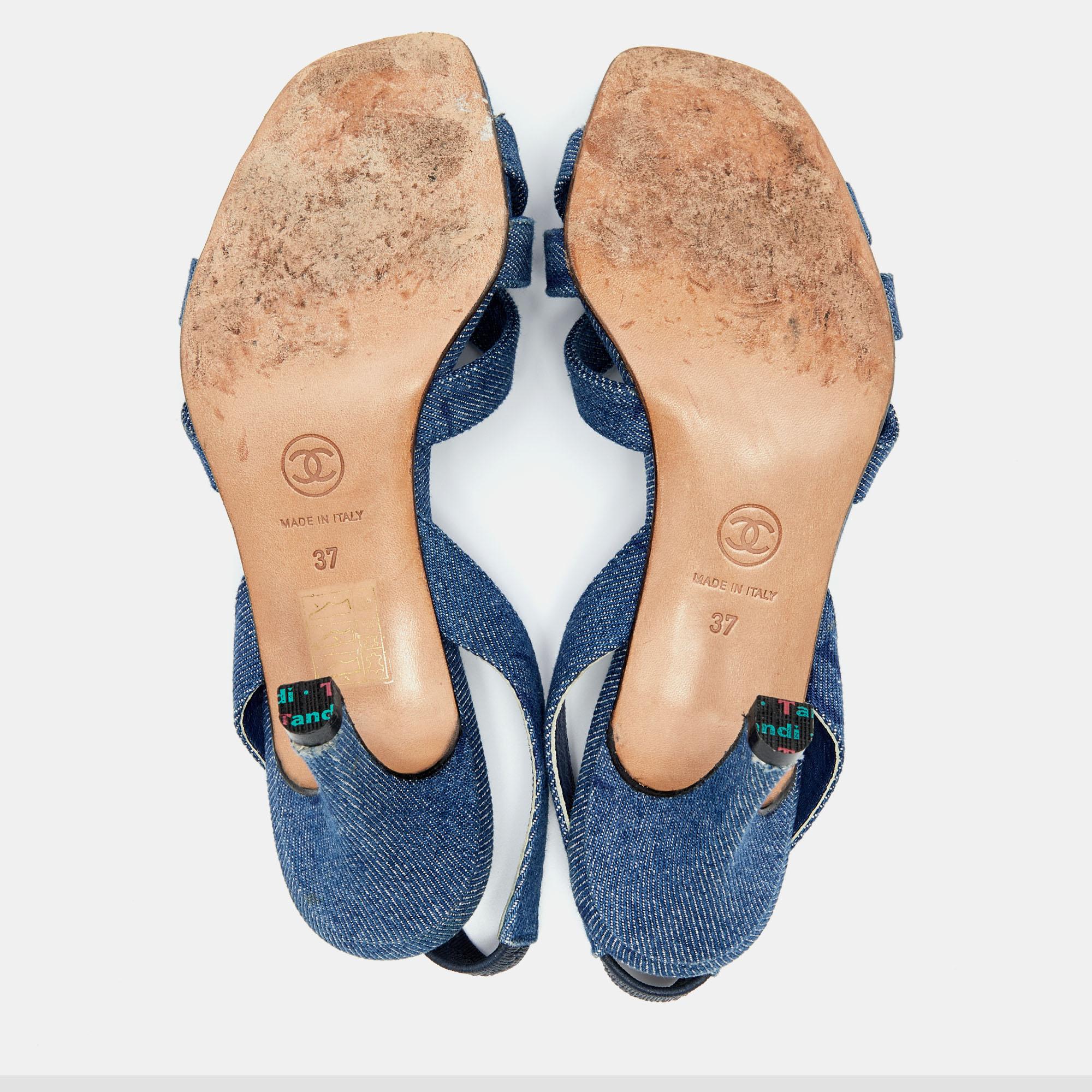 Women's Chanel Blue Denim Criss Cross Slingback Sandals Size 37
