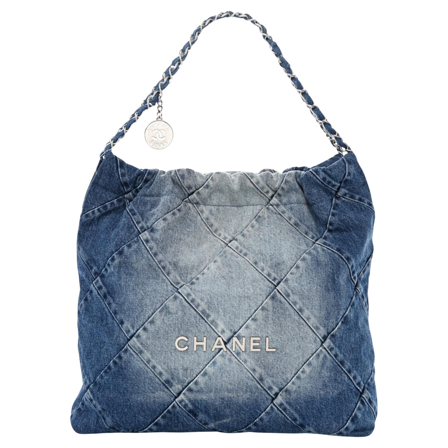Chanel Blue Denim Drawstring Chanel 22 Bag Medium