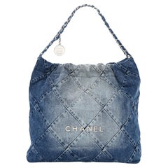 Chanel Blue Denim Drawstring Chanel 22 Bag Medium