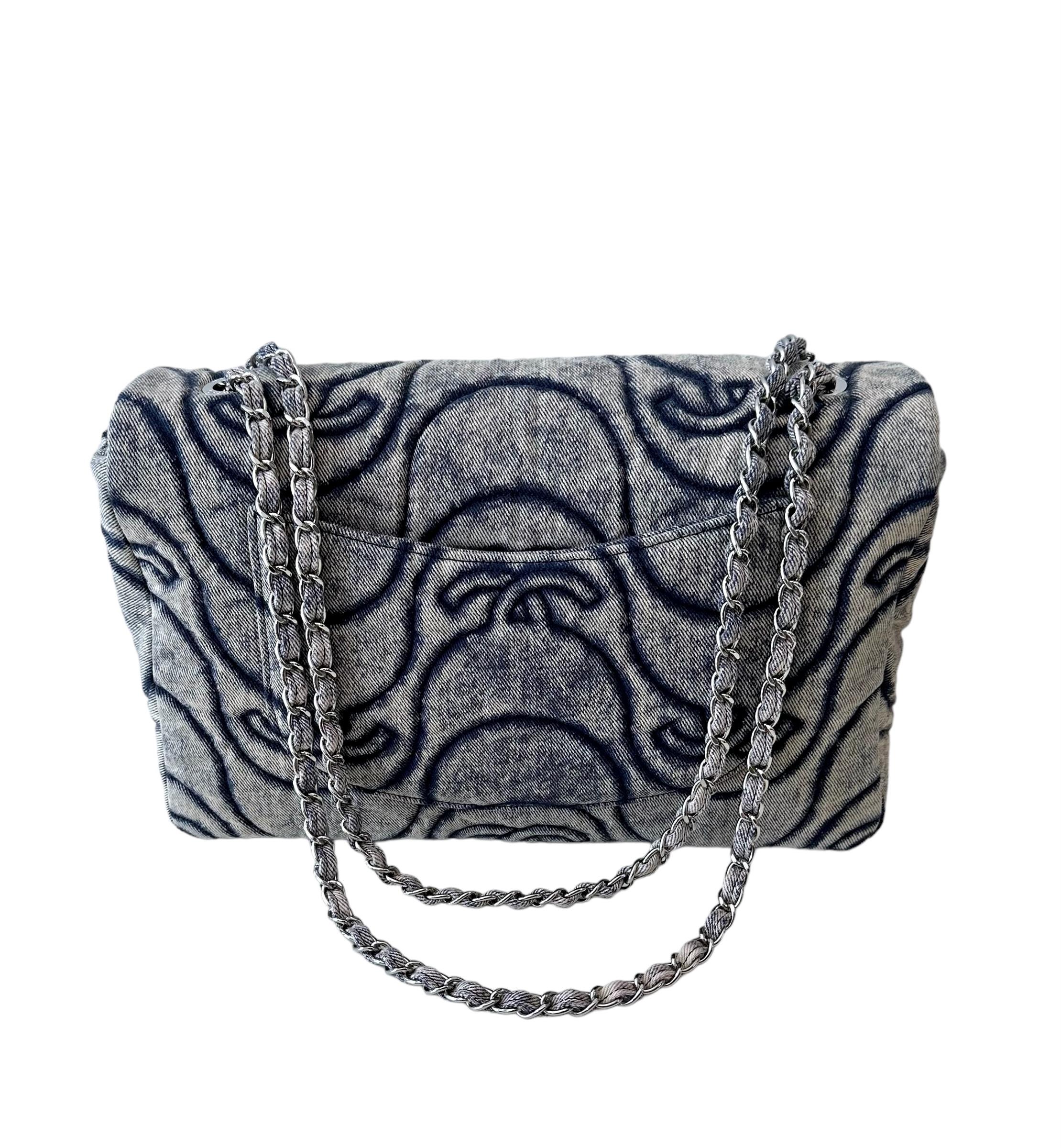 Women's or Men's Chanel Blue Denim Embossed Timeless CC Flap Bag For Sale