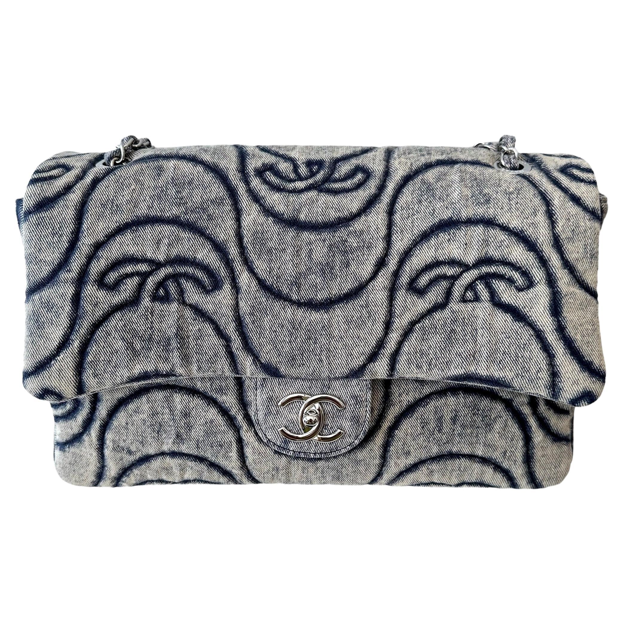 Chanel Blue Denim Embossed Timeless CC Flap Bag For Sale