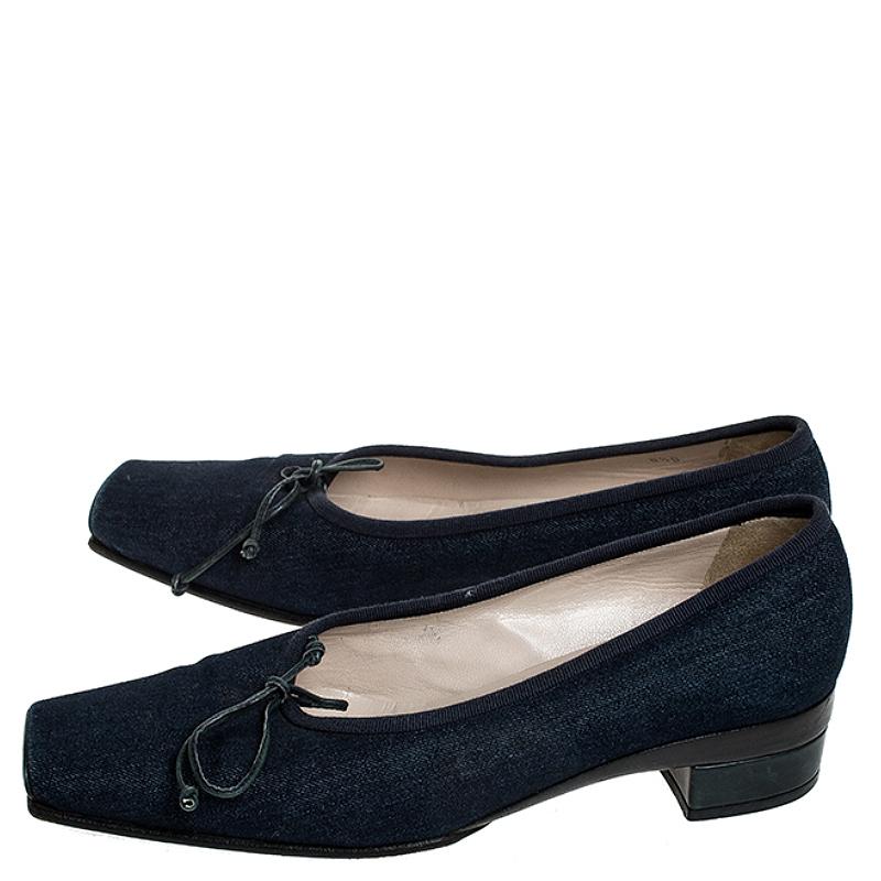 Chanel Blue Denim Fabric Trim Block Heel Bow Detail Pumps Size 38.5 2