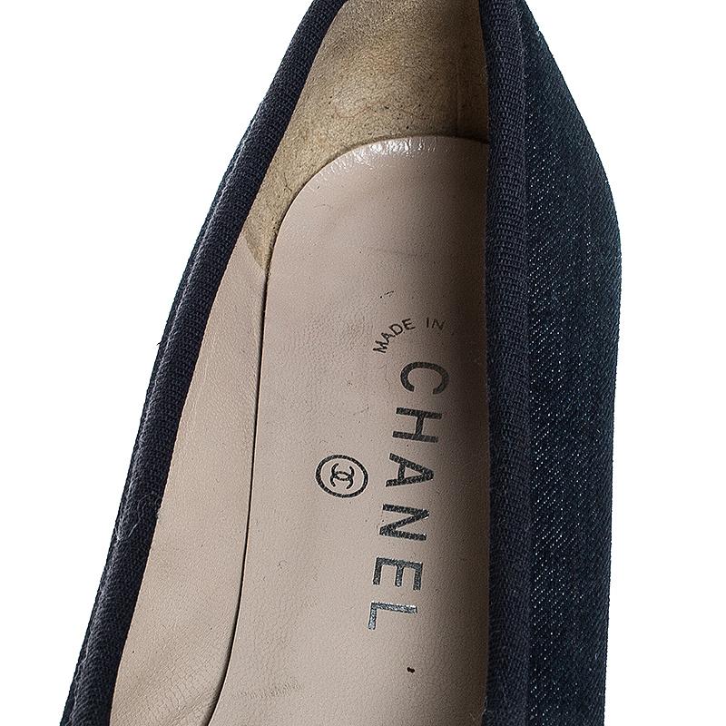 Chanel Blue Denim Fabric Trim Block Heel Bow Detail Pumps Size 38.5 3