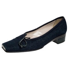 Chanel Blue Denim Fabric Trim Block Heel Bow Detail Pumps Size 38.5