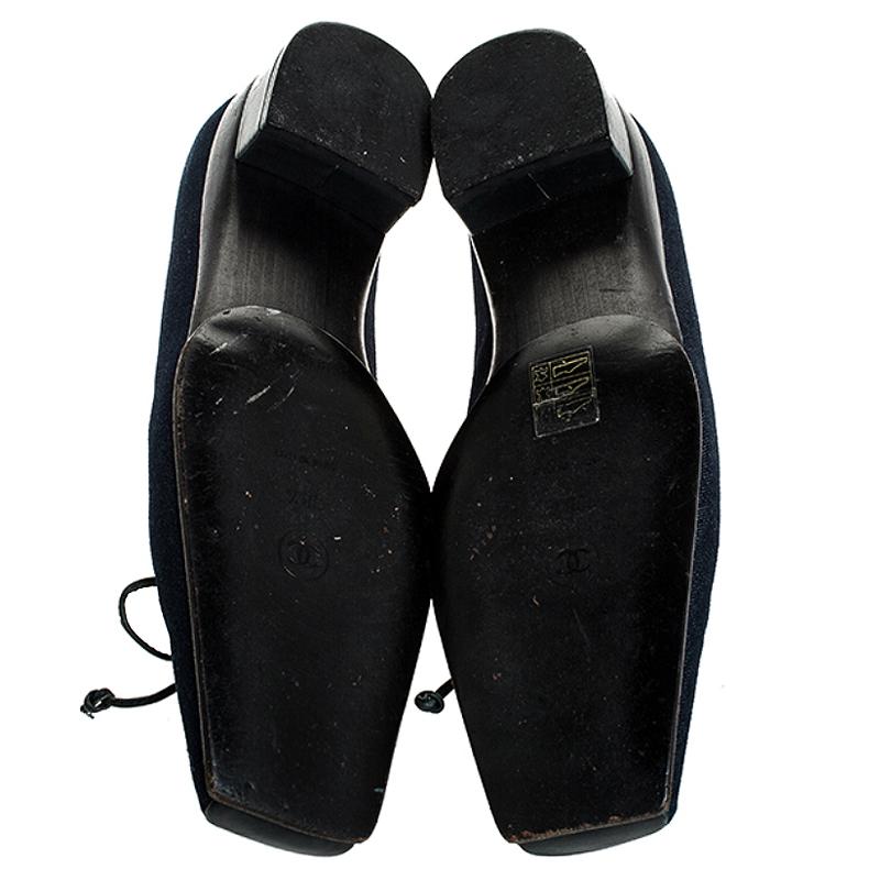Black Chanel Blue Denim Fabric Trim Block Heel Bow Detail Pumps Size 41.5