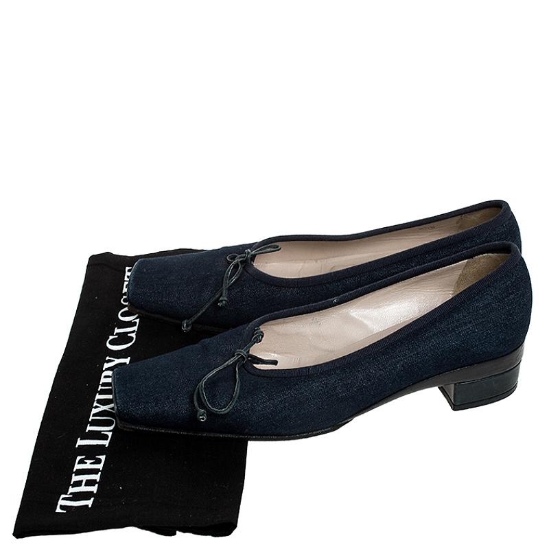 Chanel Blue Denim Fabric Trim Block Heel Bow Detail Pumps Size 41.5 2