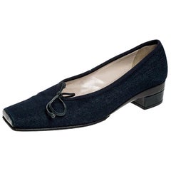 Chanel Blue Denim Fabric Trim Block Heel Bow Detail Pumps Size 41.5