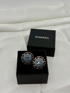CHANEL Blue Denim Gold CC Black Lambskin Leather Statement Earrings