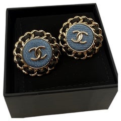 CHANEL Blue Denim Gold CC Black Lambskin Leather Statement Earrings