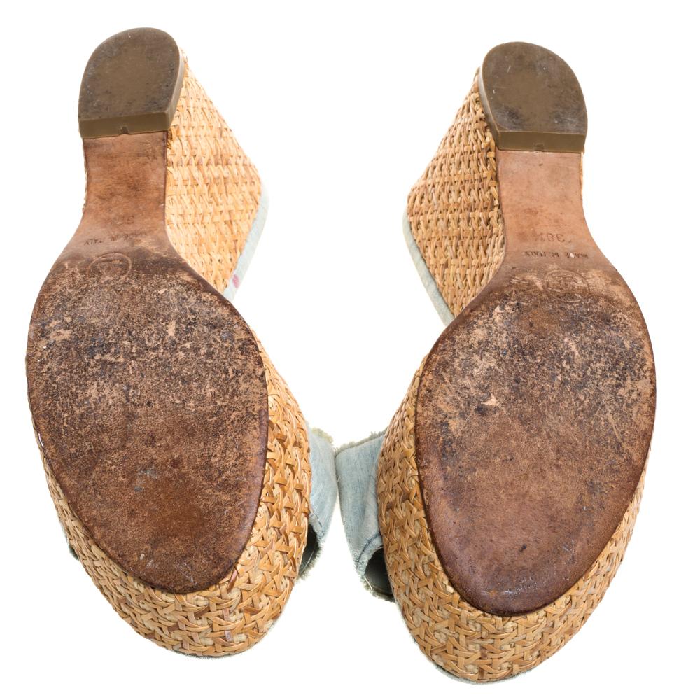 Brown Chanel Blue Denim Open Toe Raffia Wedge Slide Sandals Size 38.5