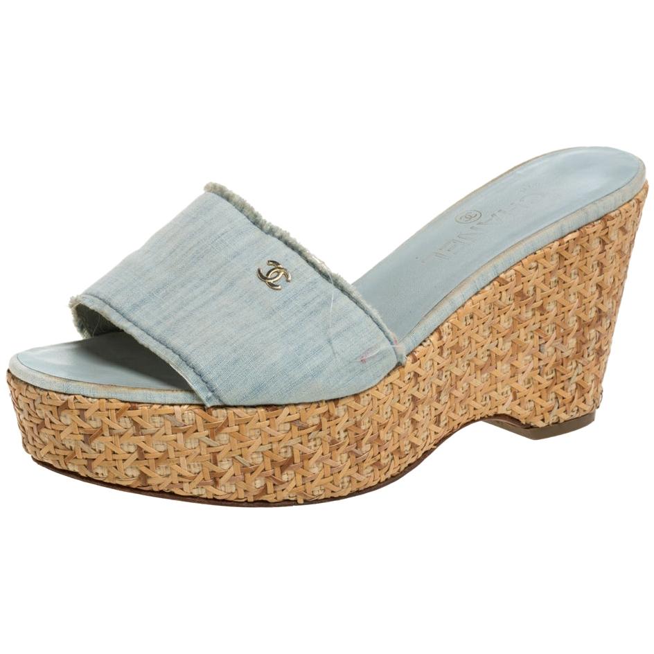 Chanel Blue Denim Open Toe Raffia Wedge Slide Sandals Size 38.5