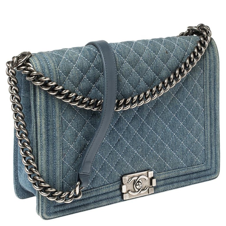 Chanel Blue Denim Quilted Leather Large Boy Flap Bag at 1stDibs