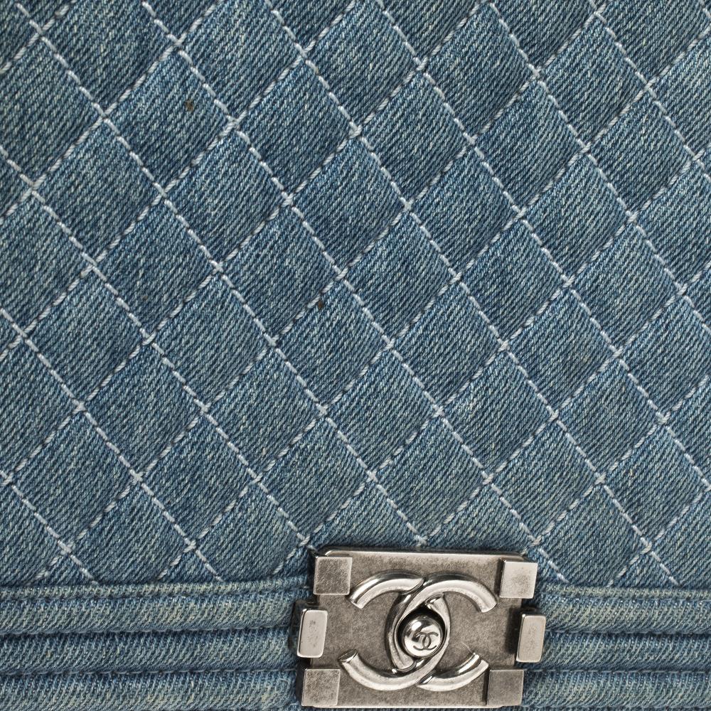 Gray Chanel Blue Denim Quilted Leather Large Boy Flap Bag