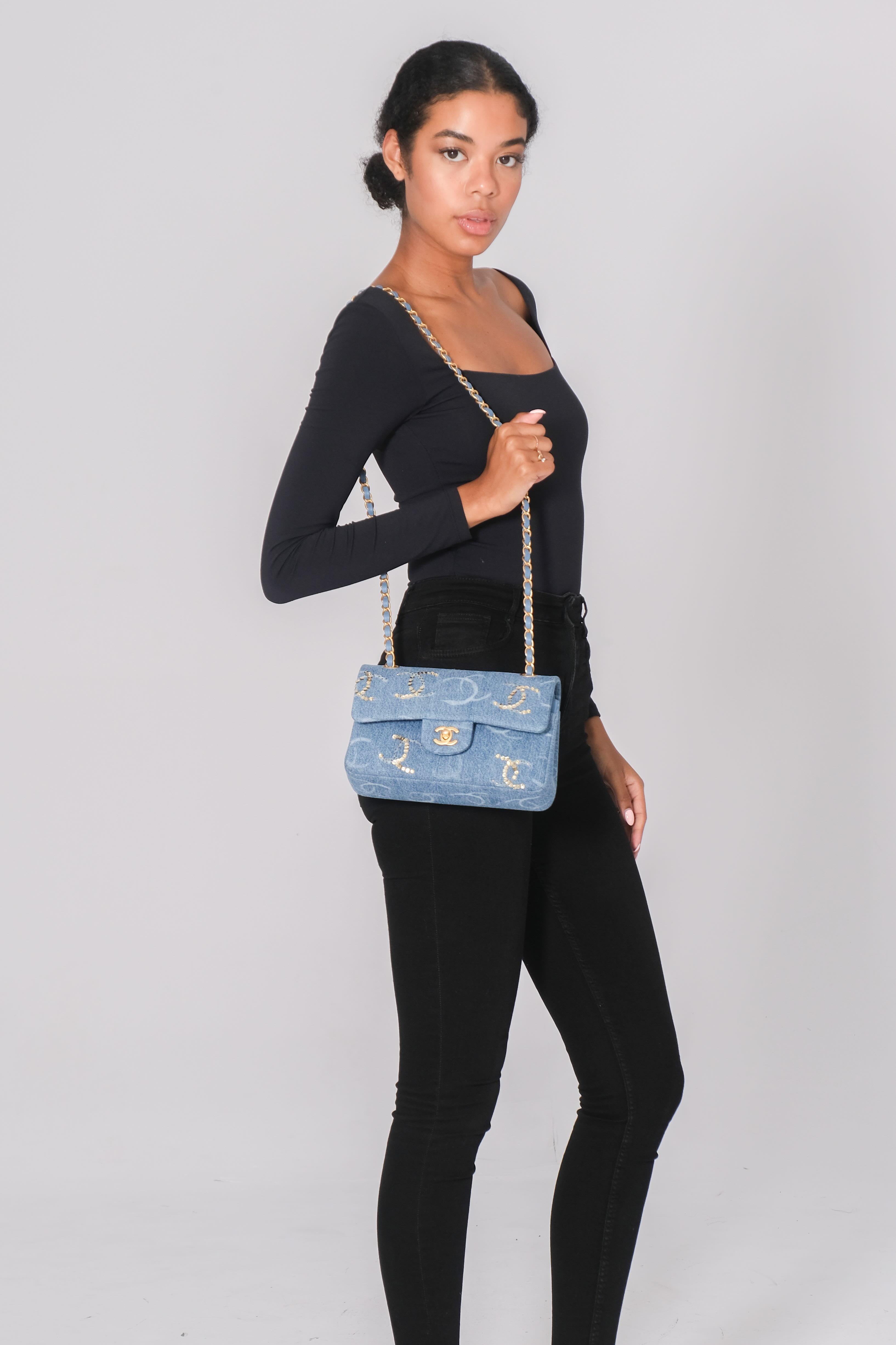 Chanel Blue Denim Sequin Cc Flap Bag 23B SMALL For Sale 8