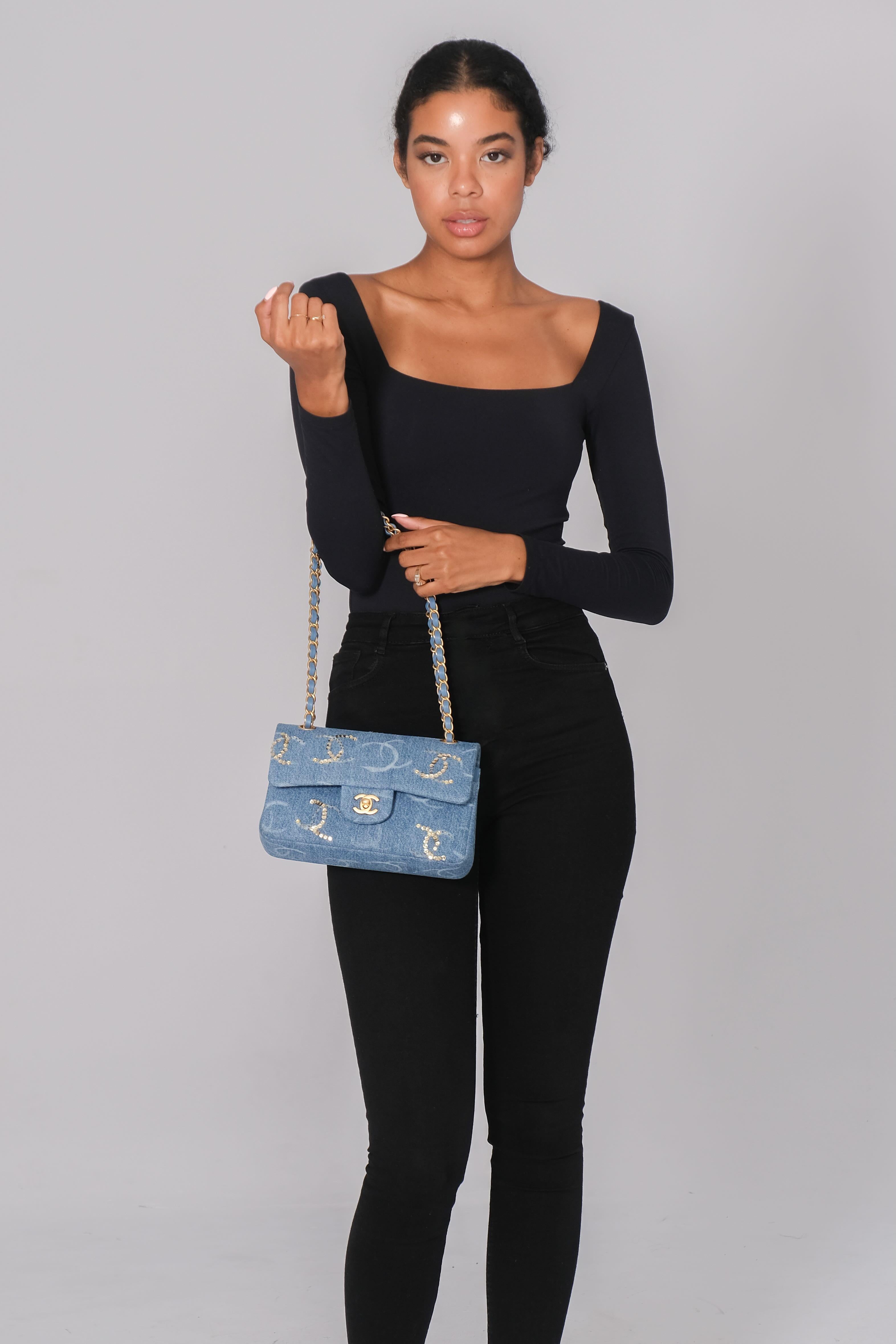 Gray Chanel Blue Denim Sequin Cc Flap Bag 23B SMALL For Sale